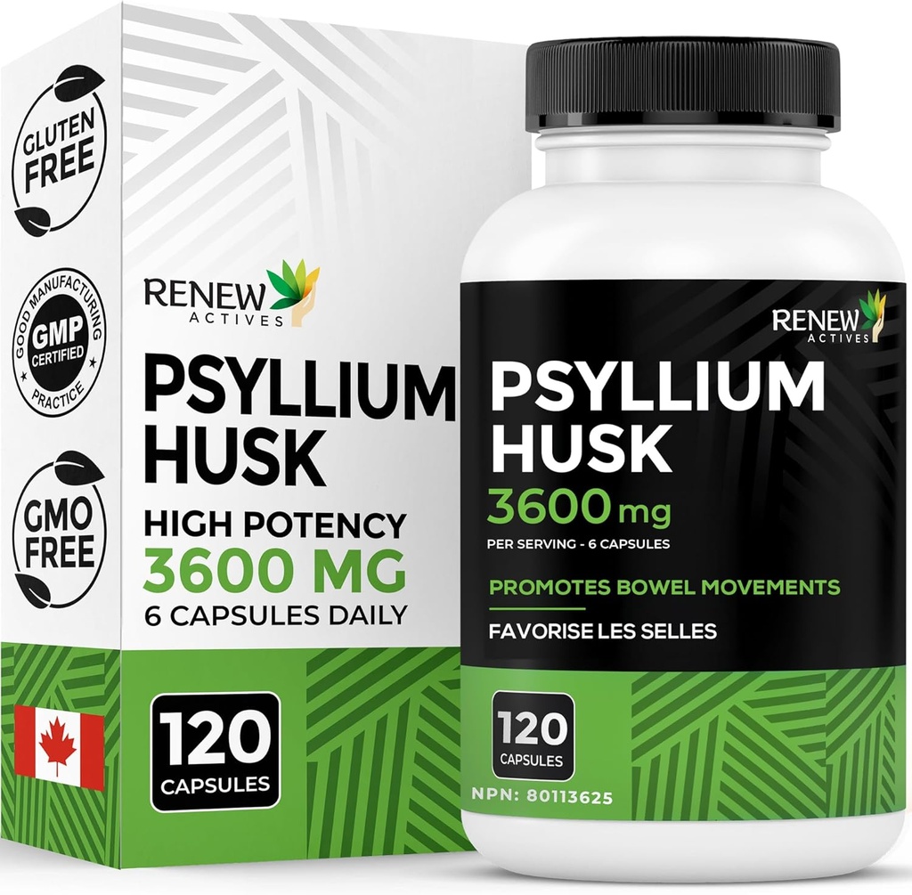 Renew Actives Psyllium Husk 1200MG per 2 capsule – Bulk-Forming Laxative & Soluble Fiber per la salute digestiva, Regolarità & Adulto Wellness – Pure Ingredients – Made in Canada – 120 capsule
