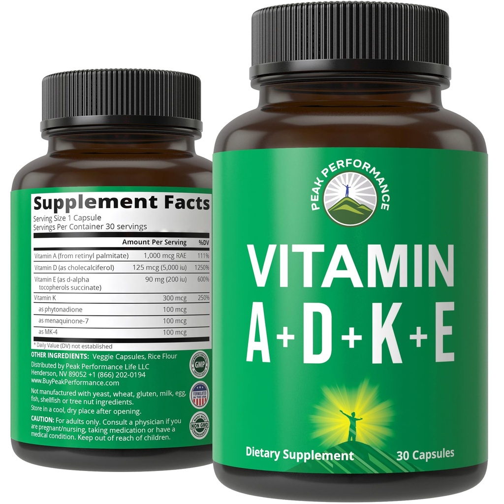 Picco Performance Vitamine D 5000 iu + A + K + E Tutto in 1 Facile da ingoiare Vegan Capsule. Supplemento di vitamina ADK con E D3 K2. Vitamine essenziali per l'umore, Immune, Bone, Visione, Cuore