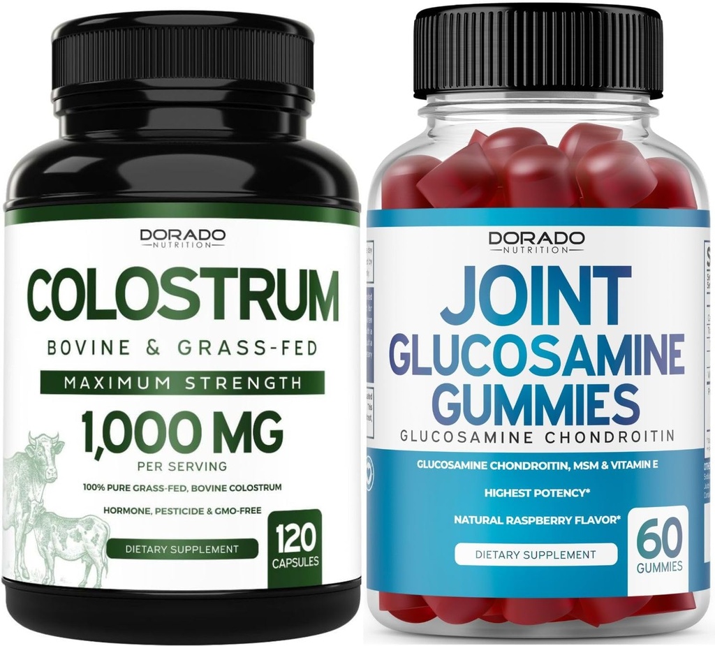 Colostrum (120 Count) Bovine Colostrum Capsule per Adulti e Glucosamina Chondroitin (60 Gummies) Integratori Comuni per Uomini e Donne con Delizioso Raspberry Flavor - Vegan Safe & Made in Italy