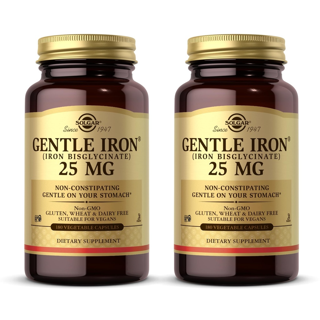 Solgar Gentle Iron (Iron Bisglycinate) 25 mg - 180 Capsule vegetali, Confezione da 2 - Non-Constipante, Gentle on Your Stomach - Non-GMO, Gluten Free - 360 Total Servings