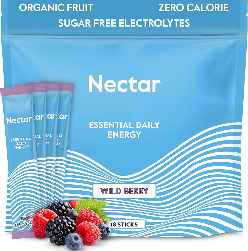 Nectar Energy Booster - Organic Caffeine, B12 & Electrolytes - Sugar Free & Zero Calorie – Caffetteria sana, Energy Drink & Soda Alternative – Hydration & Energy Supplement (Berry 18 Powder Packets)