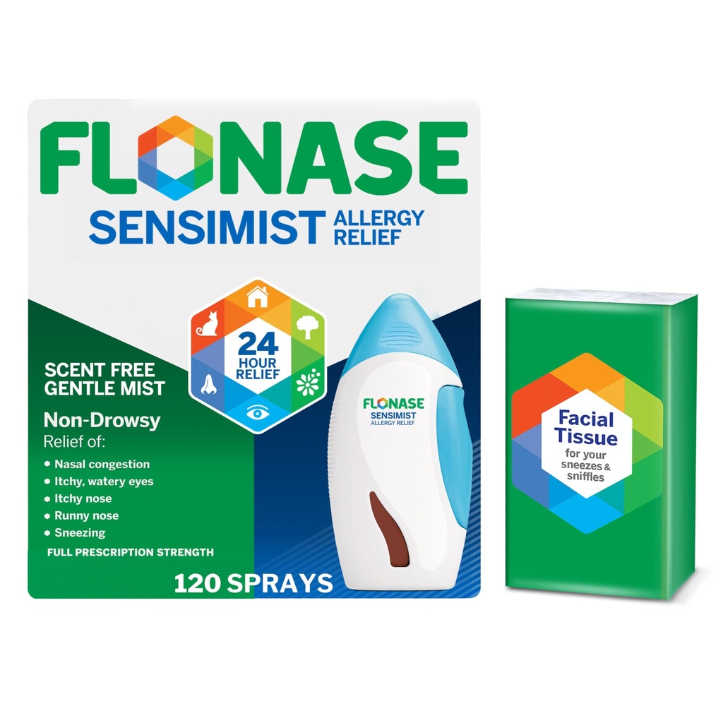 Spray nasale di Allergia Sensimista Flonase - Non-Drowsy 24HR Long Lasting Allergy Relief with Fine, Scent-Free Mist - 120 Spray Plus Bonus Pack of Tissues