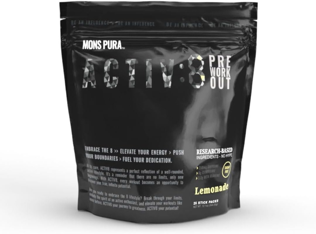Sacchetto di limonata pre-allenamento Activ8: energizzare gli allenamenti con ingredienti basati sulla ricerca - 250 mg di caffeina, pacchetto di 25 Stick senza zucchero