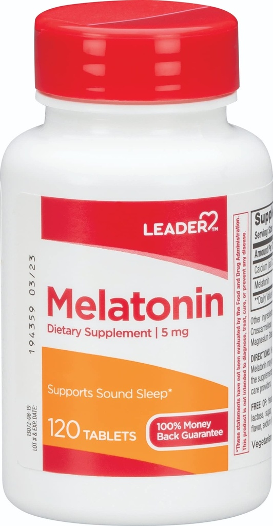 Leader Melatonin 5MG Tablet 120 Ct. Natural Sleep Aid for Restful Nights