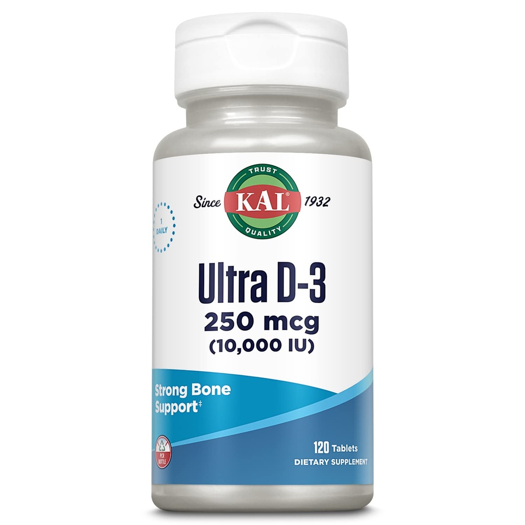 KAL Ultra Vitamina D3 10000 IU 250 mcg, Alta Potenza Vitamina D Tablet, Assorbimento di Calcio, Bone Salute e Supporto Immune Supplemento, Rapid Disintegrazione D-3 ActivTabs, 120 Serve, 120 Compresse