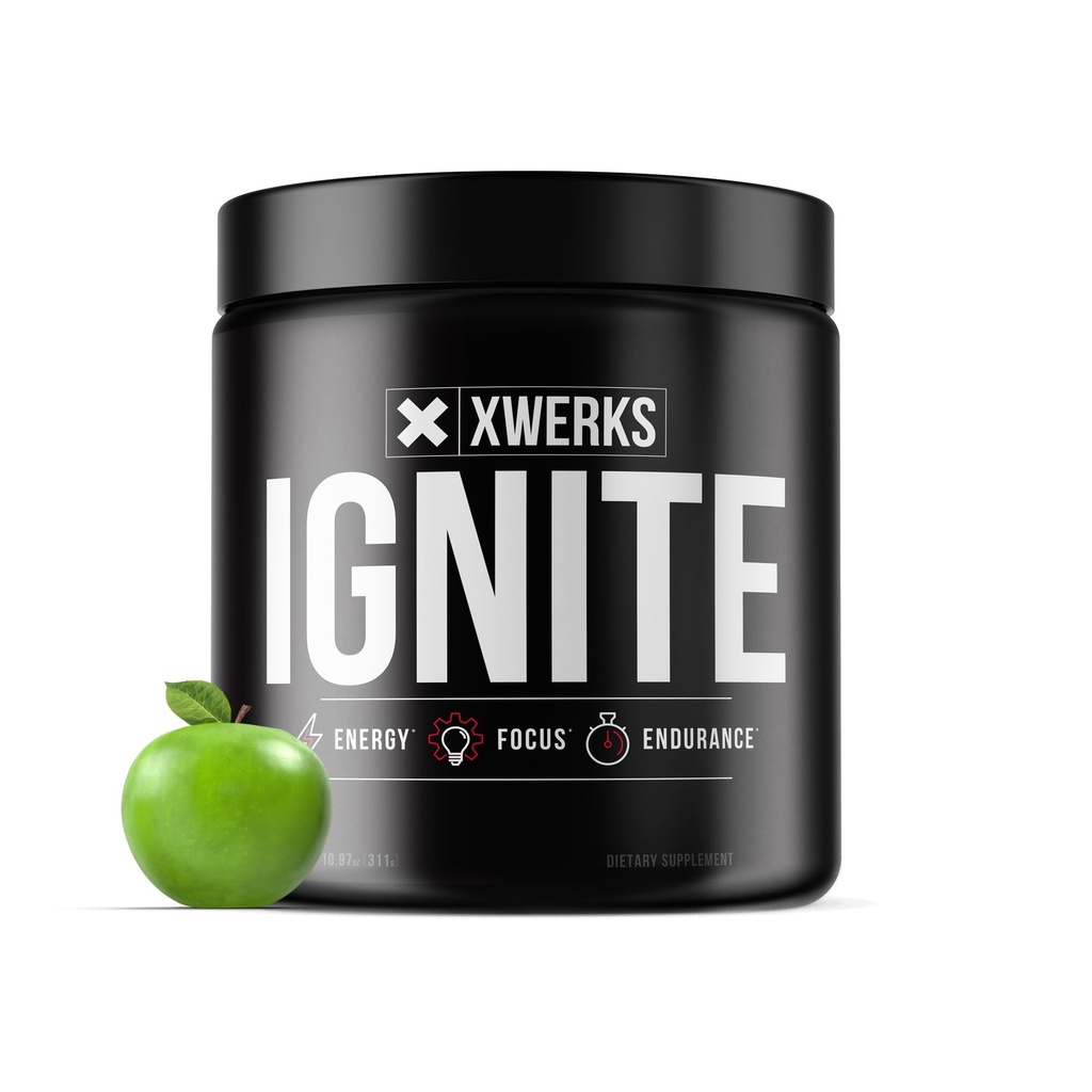 Xwerks Accensione della polvere pre allenamento della mela verde, naturale Keto Pre allenamento per le donne e gli uomini con l'energia esplosiva, la miscela senza glutine per la resistenza e la stamina, la caffeina 150mg, 30 Serve