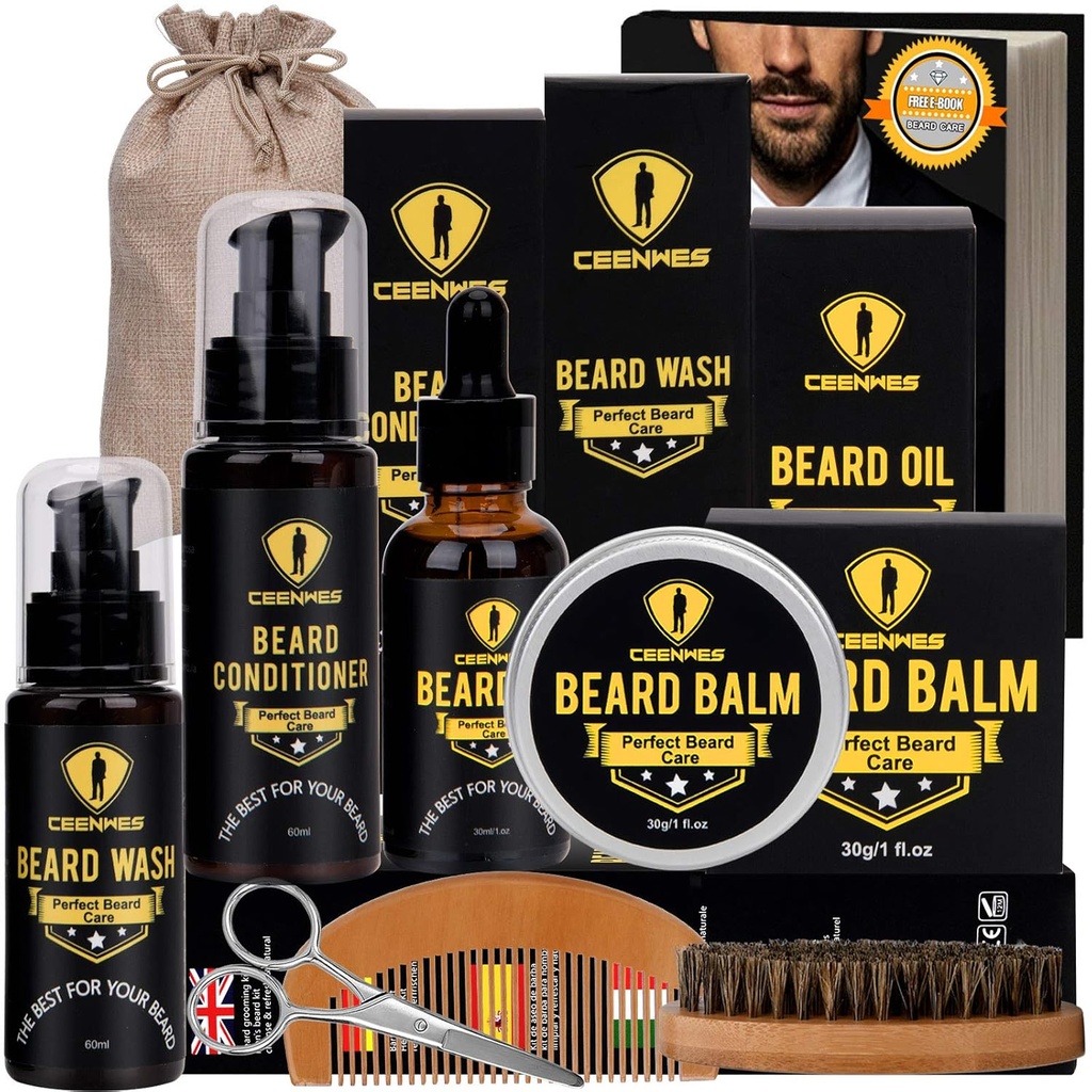 Ceenwes Aggiornato Beard Grooming Kit - Condizionatore, Olio, Spazzola, Pettine, Forbici, Borsa di stoccaggio per Beard e Mustache Trimming, Regalo perfetto per gli uomini