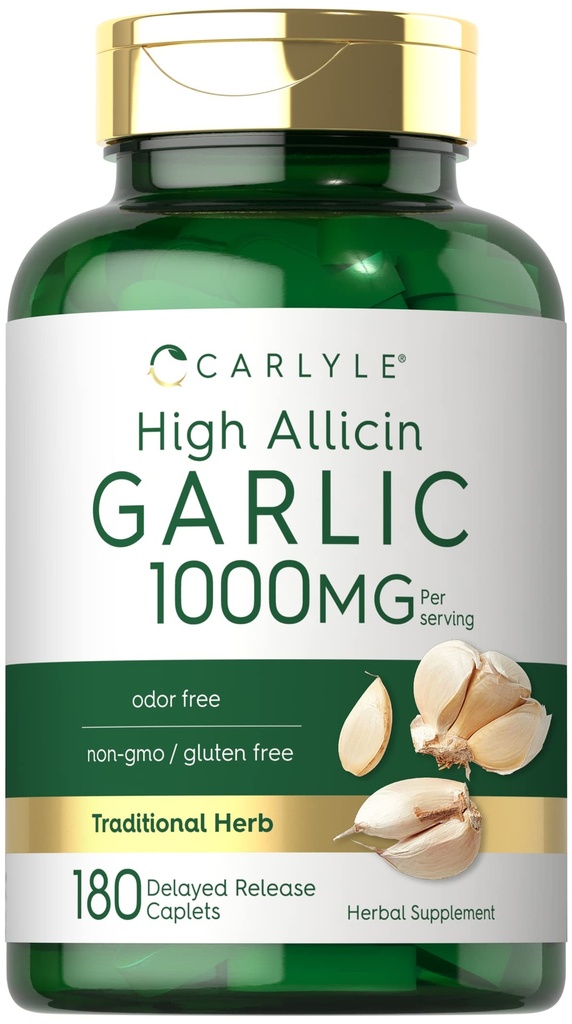 Carlyle Aglio Supplemento 1000mg | 180 Caplets | Pillole Odorless | Estratto di Allicin Alta | Vegetariano, Non OGM & Gluten Free