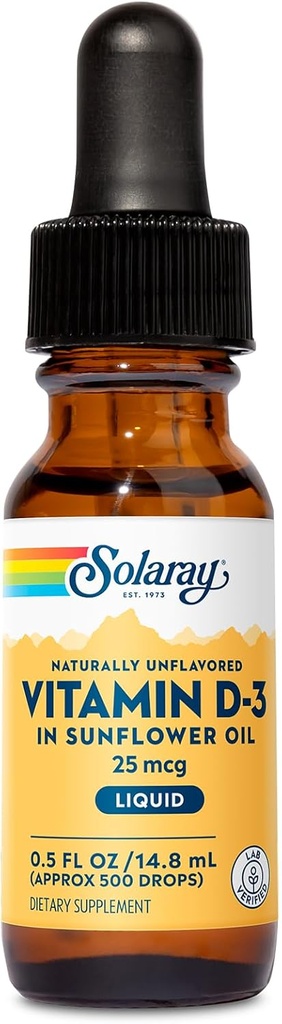 SOLARAY Vitamin D3 Liquid Drops 25 mcg (1000 IU) - Aumentata assorbimento di vitamina D Gocce in olio di girasole per il supporto VIT D3 - Naturalmente non aromatizzato, Dropper incluso - Approsso. 500 Serve, 0.5oz