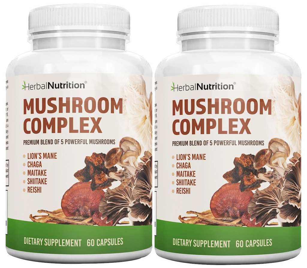 Herbal Nutrition Mushroom Complex 700mg a 1400mg. I 5 funghi più potenti - Lions Mane, Reishi, Chaga, Maitake, Shiitake - Supporta la salute immunitaria, Nootropic Brain Health for Memory & Focus