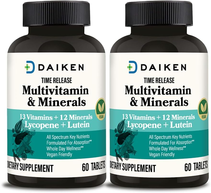DAIKEN Mini Multivitamin, 60 compresse, potenziato con Lutein, Lycopene & Acido Folico, Time Rilasciato Multivitamina per Donne & Uomini, Vegan & Facile da ingoiare (Pacchetto di 2)