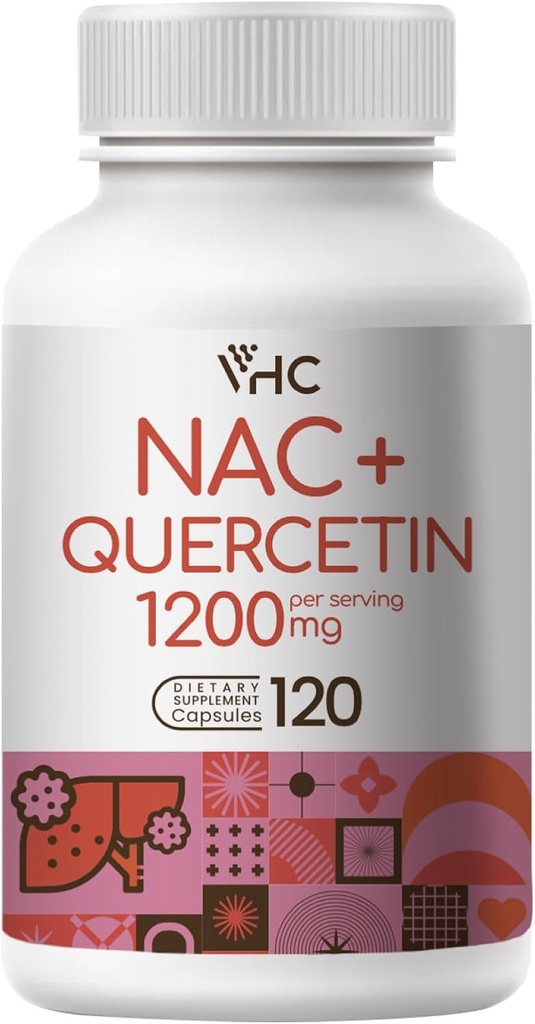 VHC NAC Supplement,Acetyl L-Carnitine1200mg Plus Quercetin, Optimum Dose (1200mg + 100mg), 2 in 1 Dual Action Formula N-Acetyl-L-Cysteine con Quercetin, per Respiratorio, Liver, Immune, Made in USA