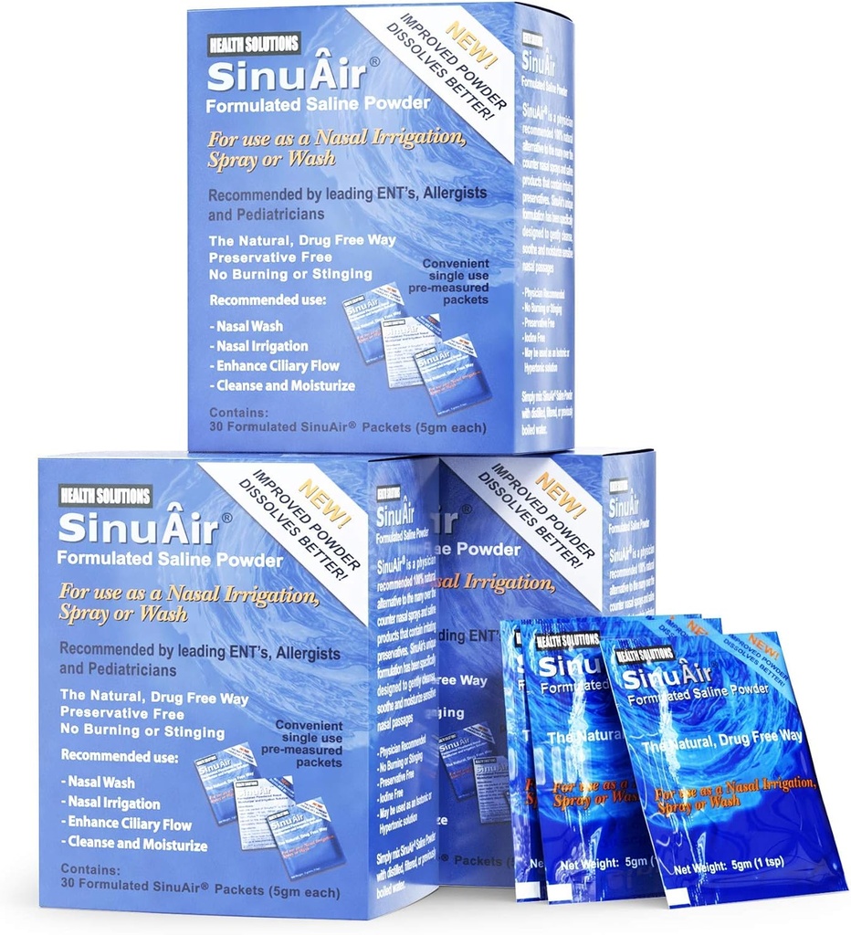 SinuAir Saline Packets per Sinus Rinse - Soluzione di sale premixed Polvere per SinuPulse Elite System, Neti Pot, Nose Wash Bottiglia & Nasal Irrigation, 90 Packets