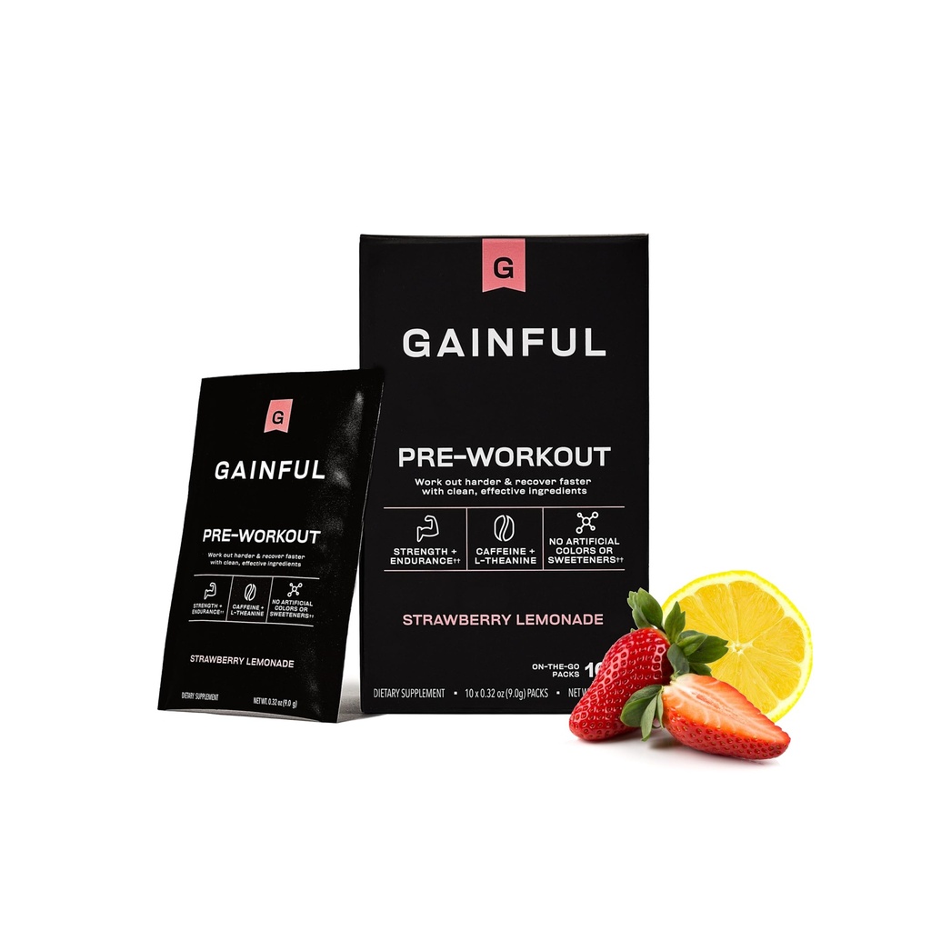 Gainful polvere pre allenamento con caffeina naturale & L Theanine per energia & messa a fuoco, L Citrulline & Beta Alanina per la resistenza, BCAA per il recupero del muscolo, Vegan, Strawberry Lemonade, 10 Ct