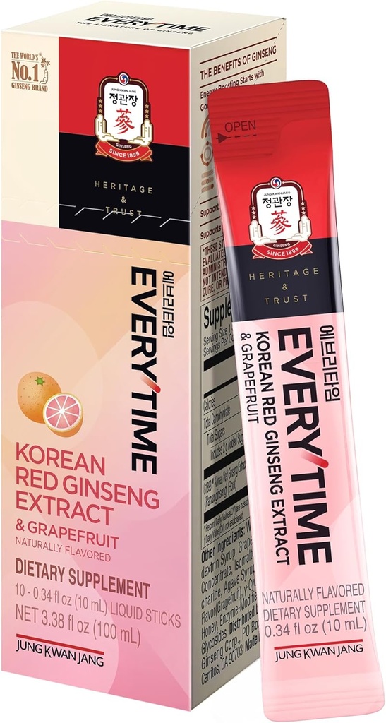 JUNG KWAN JANG Everytime Korean Red Ginseng Extract 1,000mg & Grapefruit - Vegan Ginseng Root Energy Drink Liquid Stick Supplementi - Costruisce Stamina & Immunity, No Caffeine (10 Stick, 0.34 fl oz)