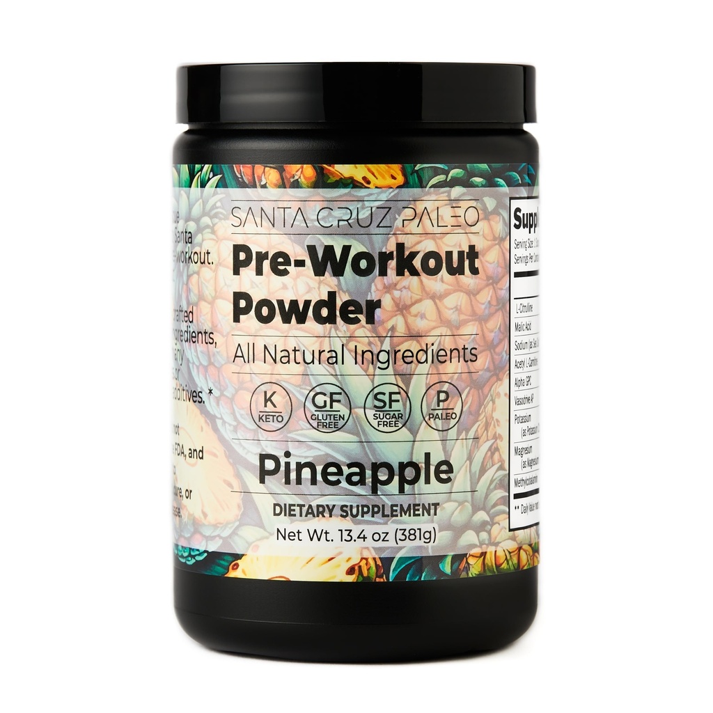 Santa Cruz Paleo Pre Workout Polvere Elettroliti, Magnesio, Potassio, Sale marino & L Citrullina, Caffeina e Zucchero Preallenamento Bevande Miscela per Energia & Idratazione, Aroma di ananas, 30 Serve