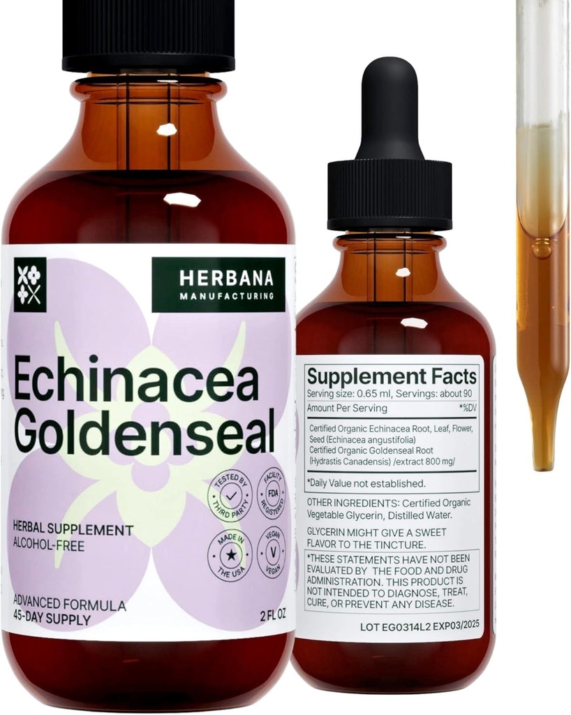 Echinacea e Goldenseal 2 fl oz Liquid Extract - Natural Herbal Supplement - Gocce di supporto immunitario - Aumentare il sonno | Boost Energy - Alta potenza - 45-Day Supply