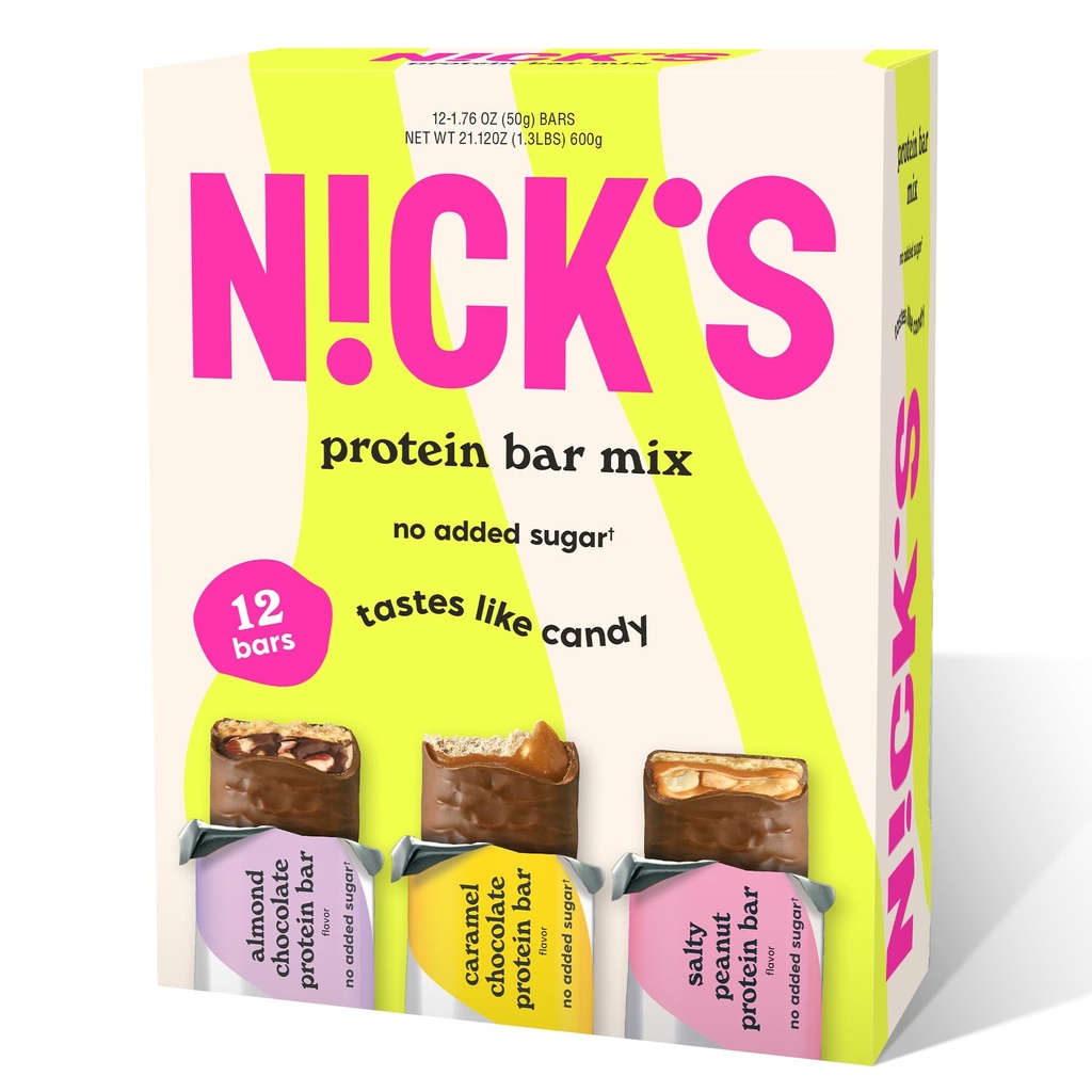 Proteine di Nick Bars Chocolate Variety Pack High Protein, Calorie Basse, Basso Carb Keto Snacks No Aggiunto Zucchero, Arachidi di Salty, Caramel di cioccolato e Cioccolato di mandorle (12 Pack)