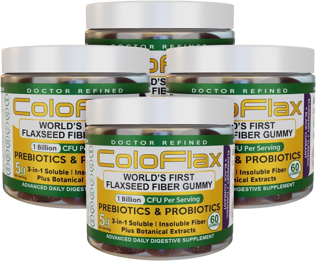 Fibra di lino organico + Probiotici Gummies | Rilievo di costipazione e regolarità senza la gruccia per adulti, Soluble & Insoluble Triple-Fiber Vegan Gummies - 120 Serve