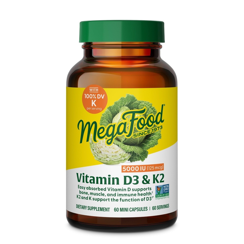 MegaFood Vitamina D3 5000 IU (125 mcg) - Integratori Vegetariani con Vitamina D3 K2 - Supporta Bones, Denti, Muscoli e Salute Immune - Certificato Non OGM - 60 Mini Capsule, 60 Serve