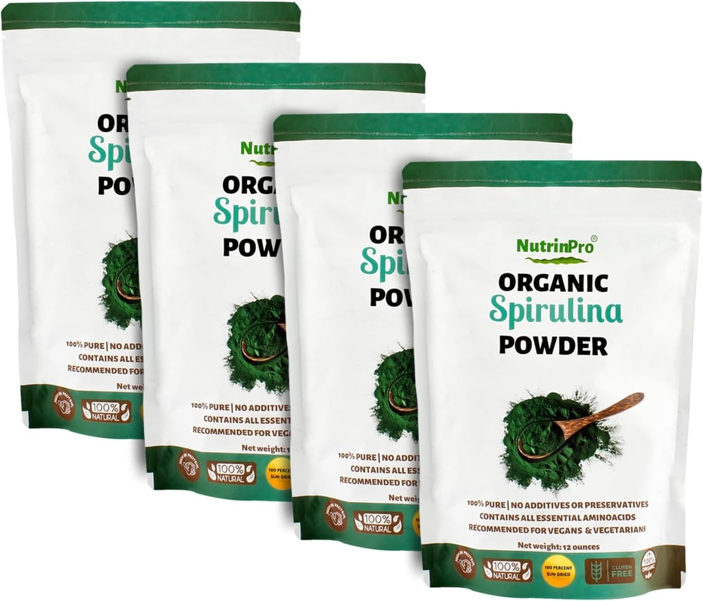 Polvere di Spirulina di quattro pacchetti per succo e miscela smooti; 100% naturale, USDA organico e senza glutine, con proteine elevate, vitamine, antiossidanti e minerali (12 once) (4)