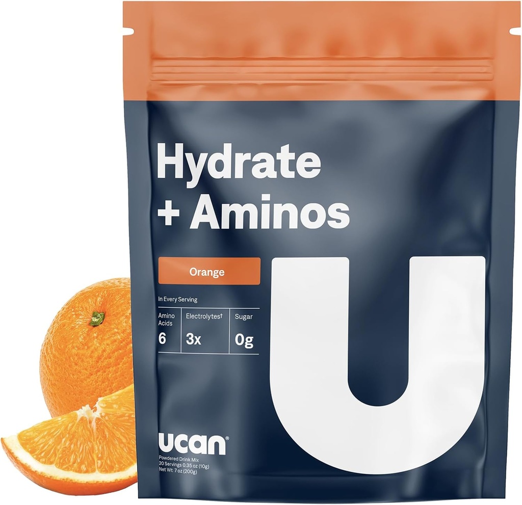 UCAN Hydrate + Aminoacidi, Arancione 20 Serving Bag, Keto, Elettrolita senza zucchero + Recupero del muscolo, Elettroliti essenziali + EAAs & BCAAs, Non-GMO, Vegan, per Runner, Gym-Goers, Atleti di performance