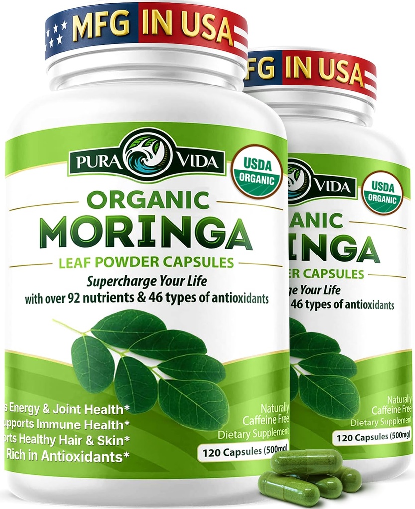 PURA VIDA MORINGA Capsule Polvere di Moringa Organica Singola Origine. Moringa Foglia. Energia, Metabolismo, & Supporto Immune. 120ct. 500mg Caps. (Pacchetto di 2)