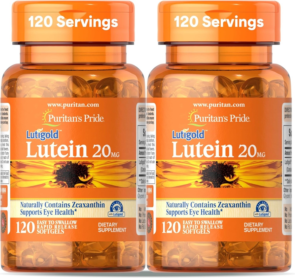 Puritan Pride Premium Lutigold Lutein Carotenoide 20mg con Zeaxanthin per gli uomini e le donne, Supplemento dietetico per il supporto per la salute degli occhi, alimentazione di 8 mesi, 120 Easy-to-Swallow Softgels, 2 Pack