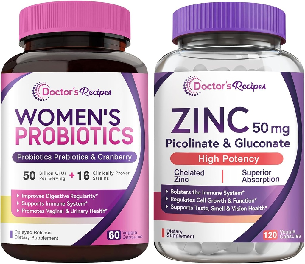 Probiotici & Zinc Bundle, Digestivo, Salute vaginale e urinaria, Difesa immunitaria naturale, Rilascio ritardato Capsule Probiotici 60ct & Zinc Capsule 120 ct