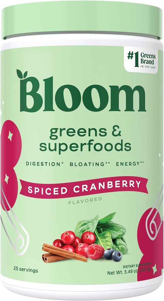 Bloom Nutrition Superfood Greens Powder, Enzimi Digestivi con Probiotici e Prebiotici, Gut Health, Bloating Relief per le donne, Chlorella, Green Juice Mix with Beet Root, 25 SVG, Spiced Cranberry