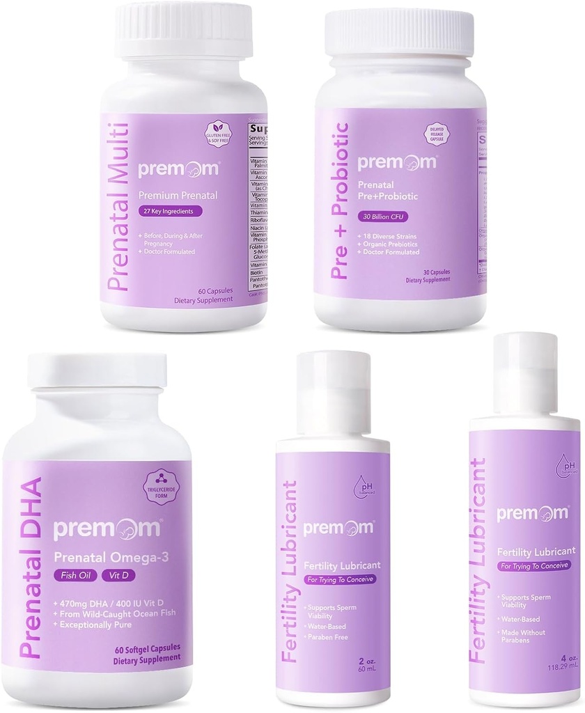 Premom Multivitaminico per Donne + Prenatale DHA Fish Oil + Prenatal Pre & Probiotics + Fertilità Personale Lubrificante per Concezione 2&4 Fl Oz