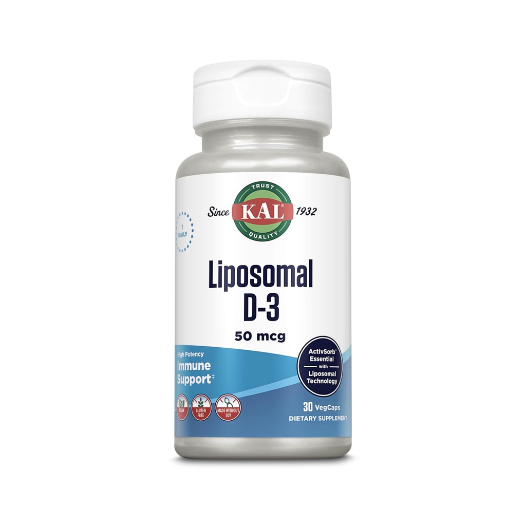 Vitamina KAL Liposomal D3 50 mcg, Vitamina D ad alto assorbimento, Tecnologia Liposomica, Supporto Immune ad alta potenza, Capsule Vegan, Gluten Free, No Soy, 30 Serve
