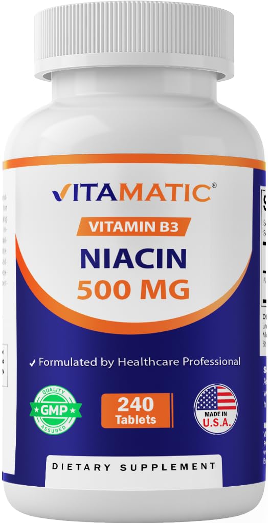 Vitamatic Niacin (Vitamin B3) 500mg, rilascio prolungato, 240 compresse - Non-GMO & Gluten Free