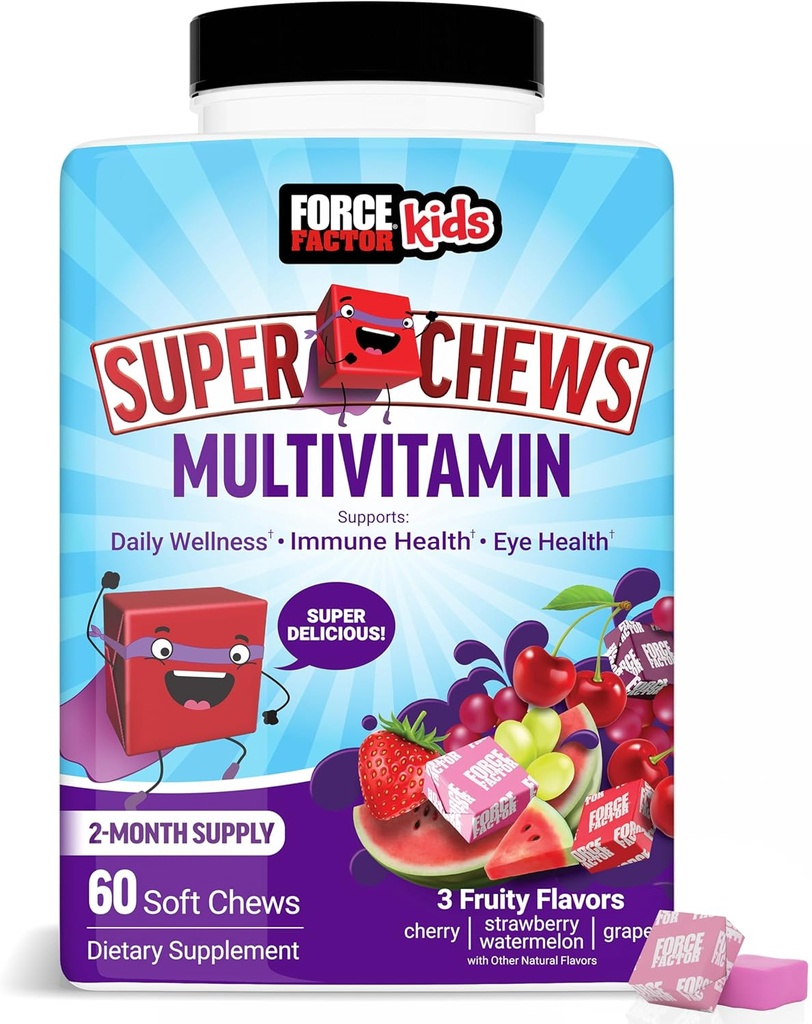 Fattore di Forza Bambini Multivitamin Super Chews, Bambini Vitamine per sostenere il benessere, la salute immunitaria, la salute degli occhi, & More con 18 vitamine, minerali, & Antiossidanti, alimentazione di 2 mesi, Multi-Flavor, 60 Soft Chews