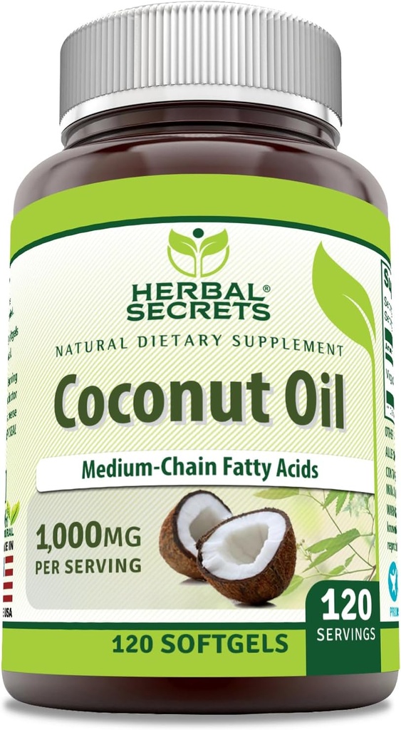 Herbal Secrets Coconut Oil 1000 Mg 120 Softgels Supplemento | Non OGM | Gluten Free | Made in USA