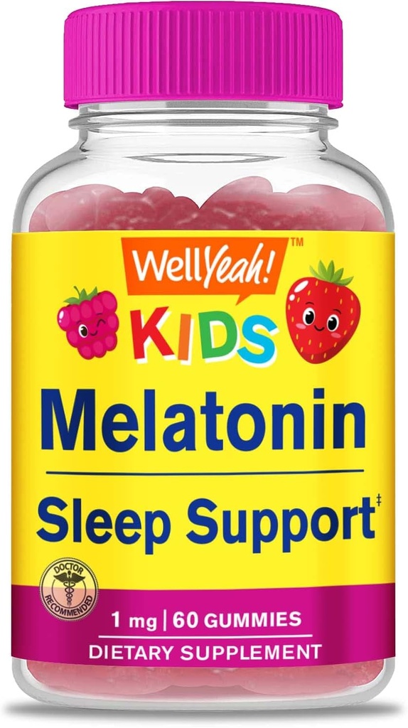 WellYes Kids Melatonin Gummies 1 mg - Supplemento senza farmaci per il sonno, Supporto per i bambini - Gluten Free, Gelatin Free, Non OGM, Vegetariano - Natural Source Flavor - 60 Gummies
