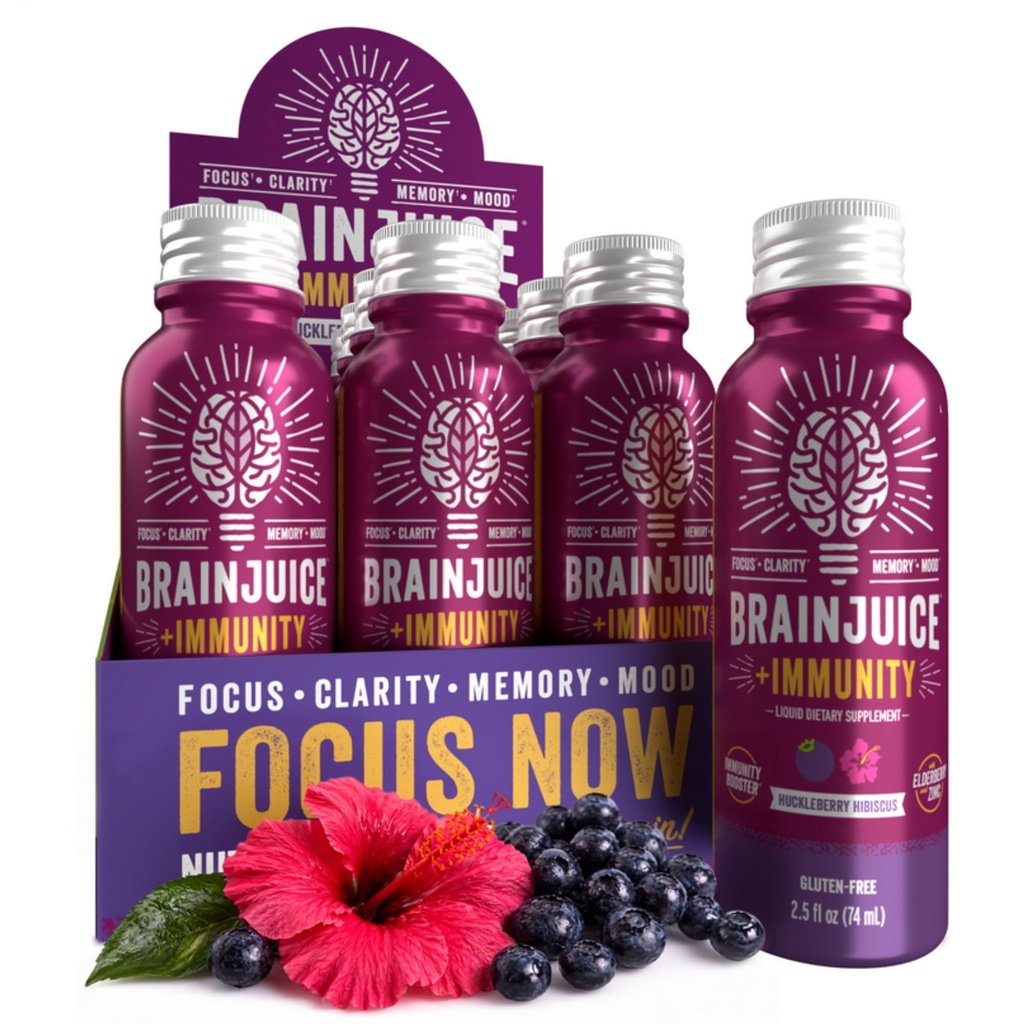 BrainJuice Brain e Immune Support Shot, Gluten Free Supplement Shots for Energy, Focus, Immunity with Vitamin D, C B, Alpha GPC & Organic Ginger Root, Huckleberry Hibiscus, 2.5 fl oz, 12 Pack