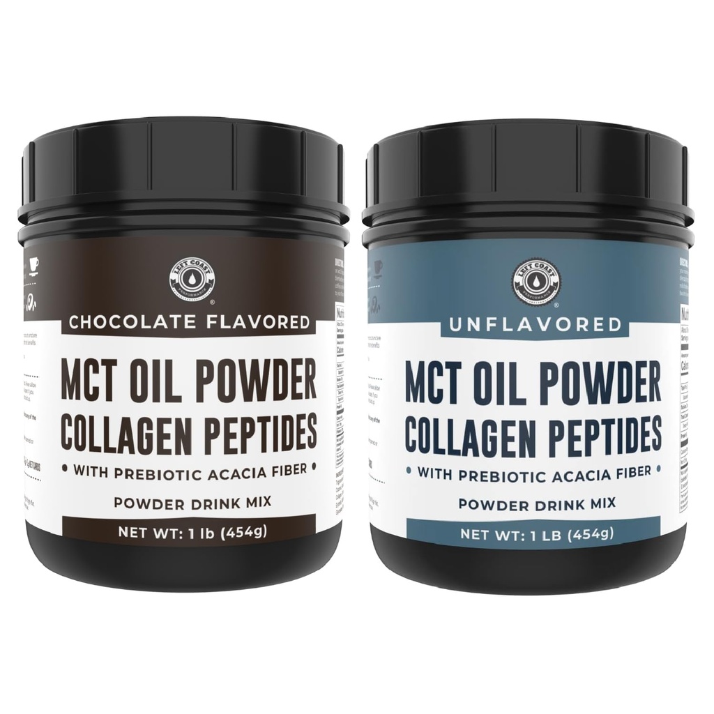 Peptidi dell'olio di MCT del cioccolato delle prestazioni della costa sinistra e del collagene, 1lb + polvere dell'olio di MCT non aromatizzata & Peptides del collagene, 1lb