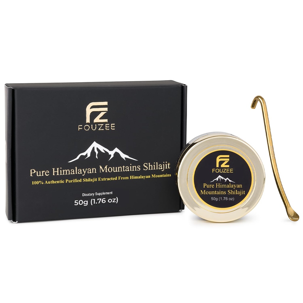 FOUZEE Pure Himalayan Mountains Shilajit - 77% + Acido Fulvico Autentico Difficile Consistenza, Fonte naturale di Acido Fulvico, Oltre 85 minerali di Trace, Include Spoon in acciaio inossidabile (50 grammi)