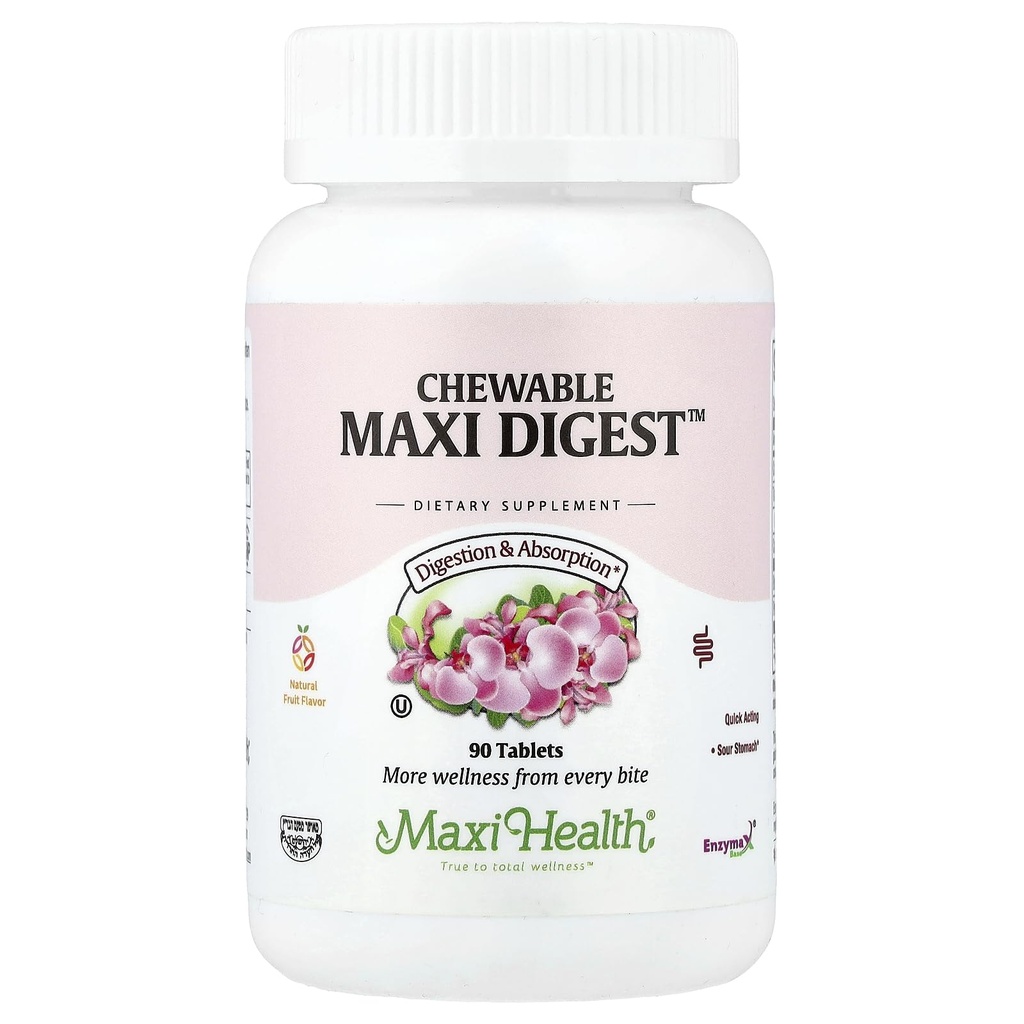 Maxi Health Chewable Digest - Natural Digestive Enzymes with Bromelain and Calcium- Quick-Acting - 90 Chewables - Kosher - Supporta la digestione sana e il comfort congiunto per uomini e donne