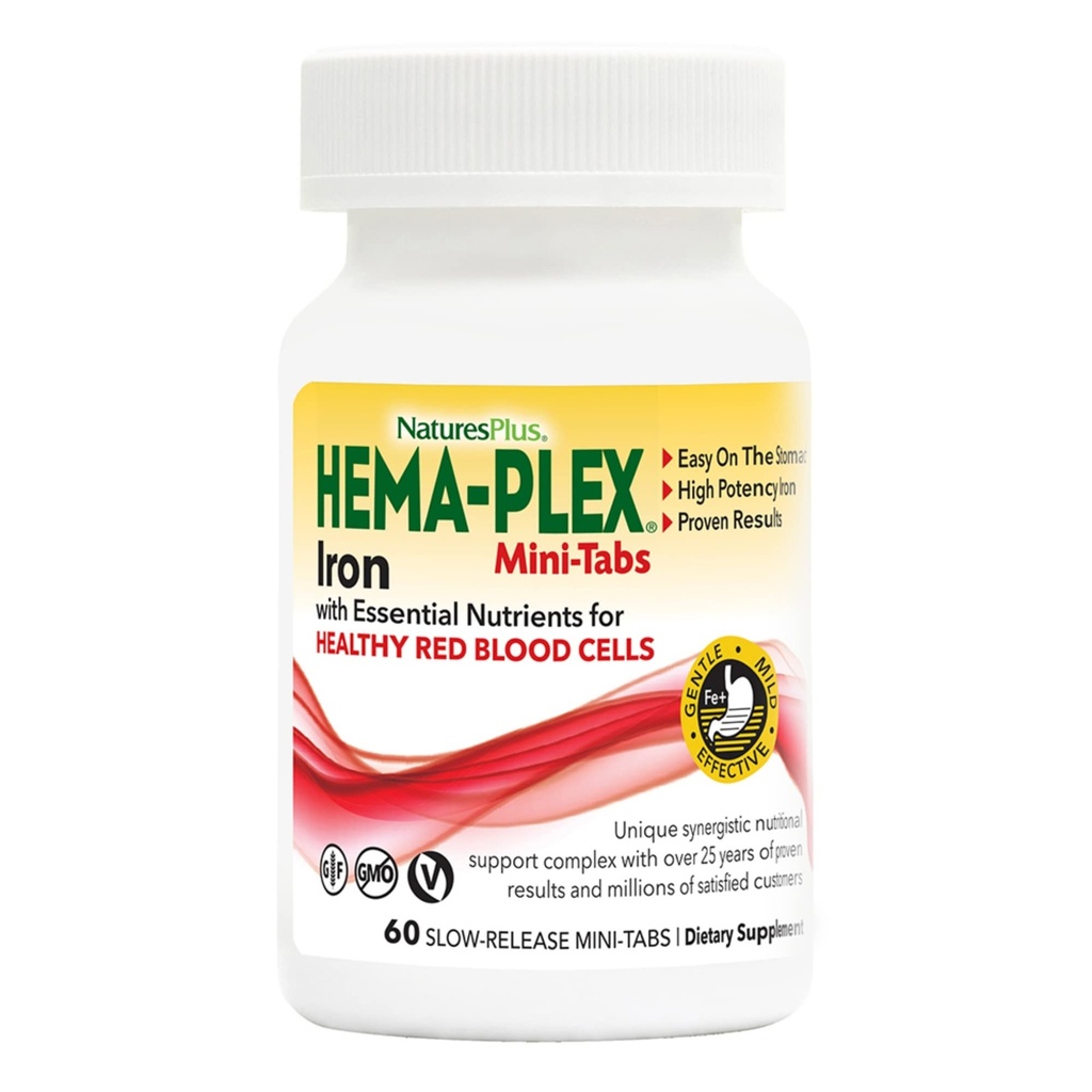 NaturesPlus Hema-Plex Iron - 60 Slow-Release Mini-Tabs - 85 mg Chelated Iron - Total Blood Health - con Vitamina C & Bioflavonoids - Vegan, Gluten Free - 30 Serve