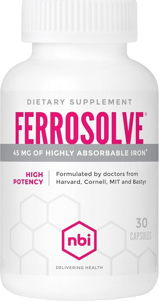NBI FerroSolve, Migliore supplemento di ferro di assorbimento 45 mg | Alta potenza | GI sicuro | 30ct Veggie capsule
