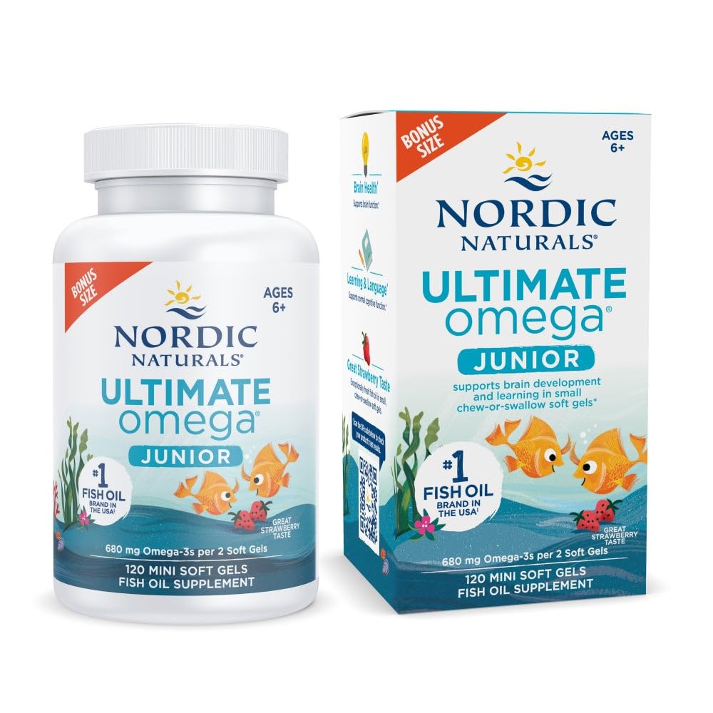 Nordic Naturals Ultimate Omega Jr., Fragola - 120 Mini Gel Morbidi - 680 Omega-3 totali con EPA & DHA - Salute del cervello, Mood, Imparare - Non OGM - 60 Serve