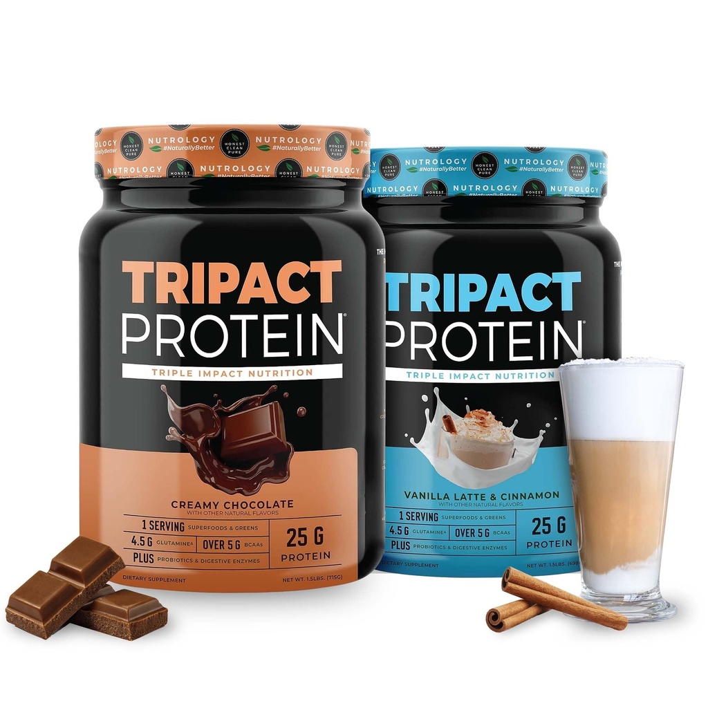 Proteine TRIPACT di Nutrologia - Shake di Nutrizione Premium - Proteine di siero non OGM, Proteine vegetali,Greens,Superfoods & Probiotics - 5g BCAAs - Cioccolato cremoso & VanillaLatte w/Cinnamon 1.5lb Ogni