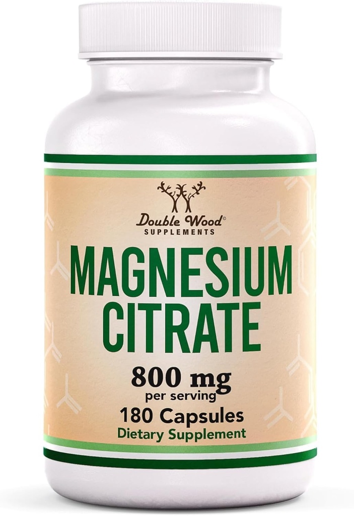 Citrato di magnesio 800mg, 180 capsule, supporto di digestione e costipazione, Vegan Safe, Non OGM, doppio legno supplementi