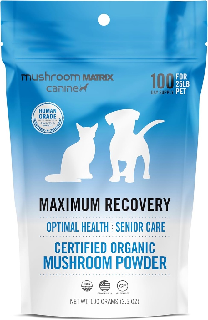 Om Mushroom Matrix Pet - Canine | Recupero Massima | USA Cresciuto Umano-Grade Organic Mushroom Powder Pet Supplement | Salute ottimale & Assistenza agli anziani per cani e gatti | 100 Grammi, 3.5 oz