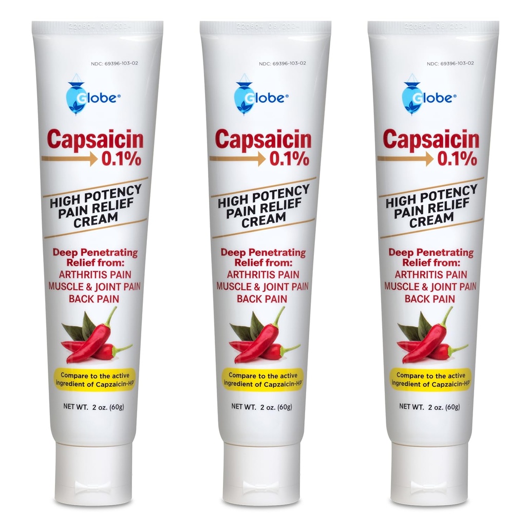 Globo (3 Confezione) Capsaicina 0.1% Crema di sollievo dal dolore ad alta potenza, Incenso (2 oz) Rilievo di Penetrazione Profonda da: Artrite, Muscolo, Dolore congiunto e Schiena