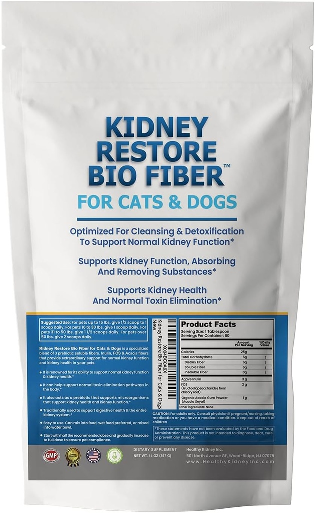 Bio Fibra per il supporto del rene del gatto e del cane, supplemento di salute del rene, supporto del rene per cani e gatti, cane di sostegno renale, aggiungere w / cibo renale, supporto normale Funzione del rene - 60 Serve