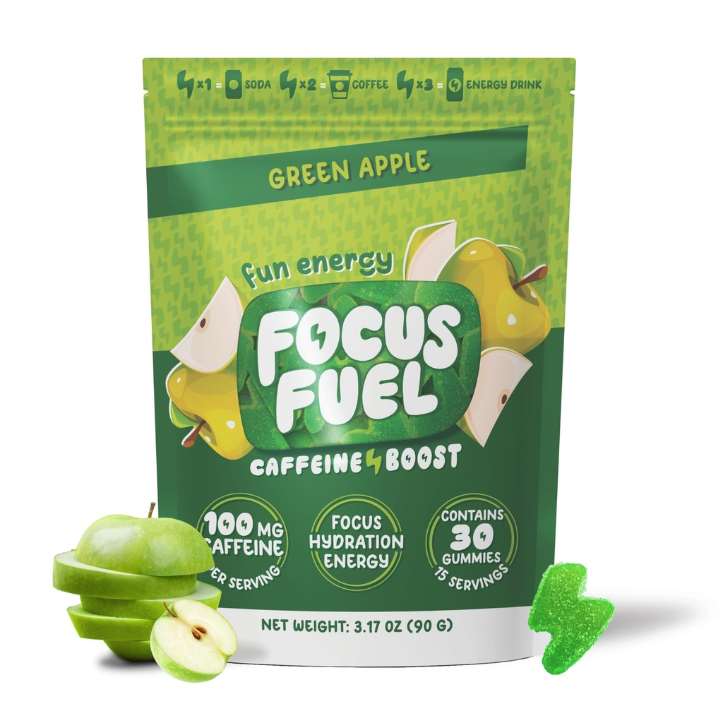 FocusFuel Energy Chews – Green Apple Flavor (15 Serve) – 100mg Caffeina + B12, Magnesio, Alpha GPC – Boost Focus & Energy – No Crash or Jitters