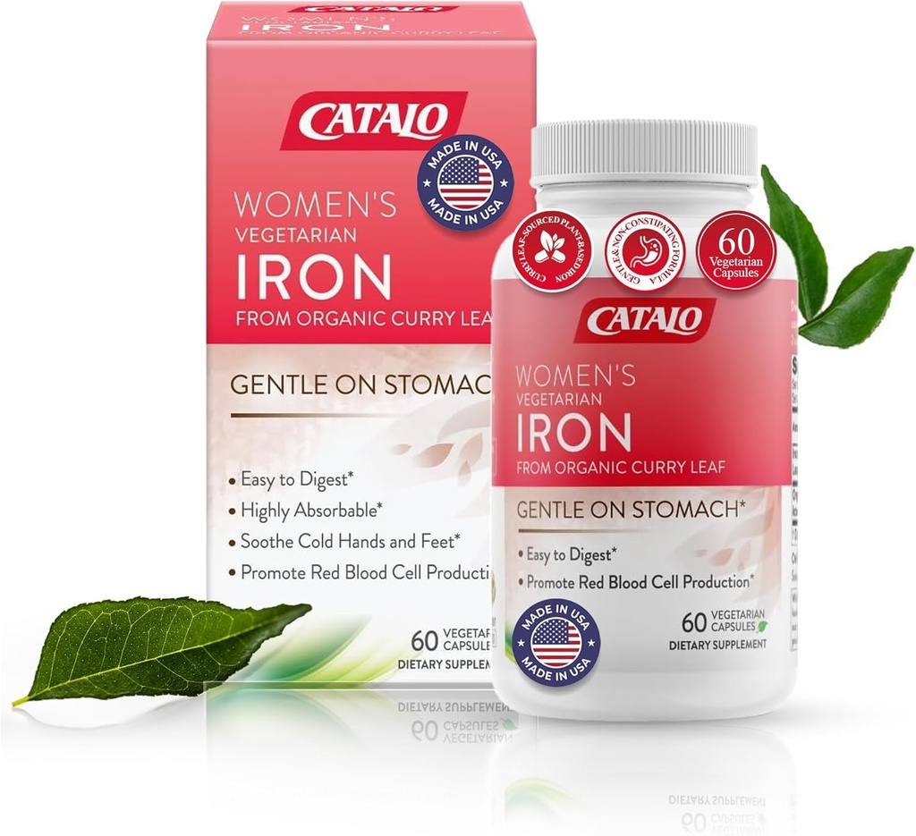 CATALO Iron Supplemento per le donne con foglie di curry organico - Gentle, Alto assorbimento, Vegetariano-Friendly, Stomach-Easy Formula - 60 compresse